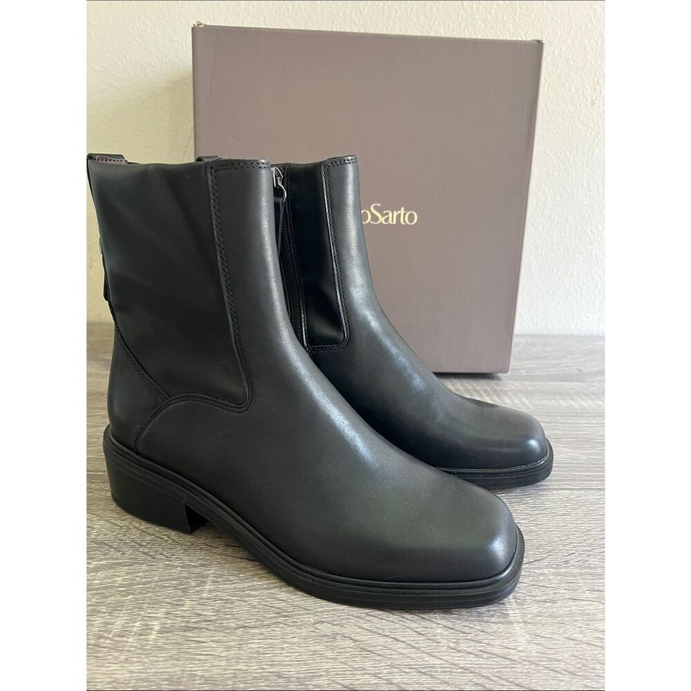 New Franco Sarto Gracely Black Leather Ankle Boots Women’s 7.5M Side Zip NIB